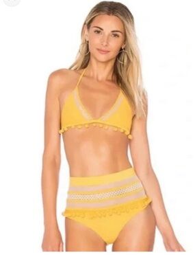 Tularosa Sunshine Yellow Pom-Trim High-Waist Bikini top